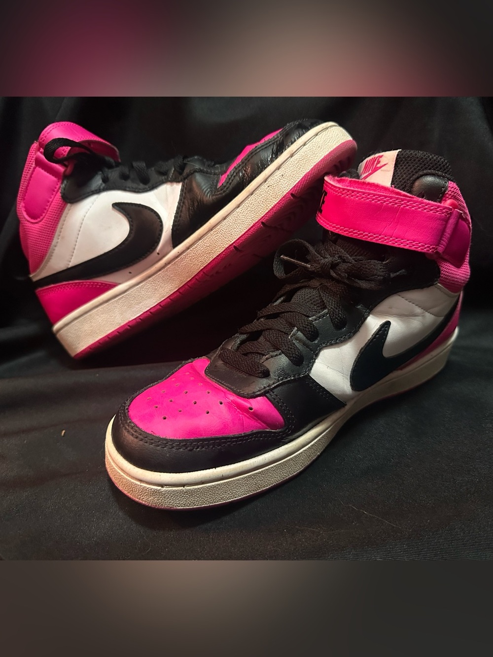 Nike Court Borough 2 High Top Kids Leather Hook & Loop Pink/Black/White Youth 6